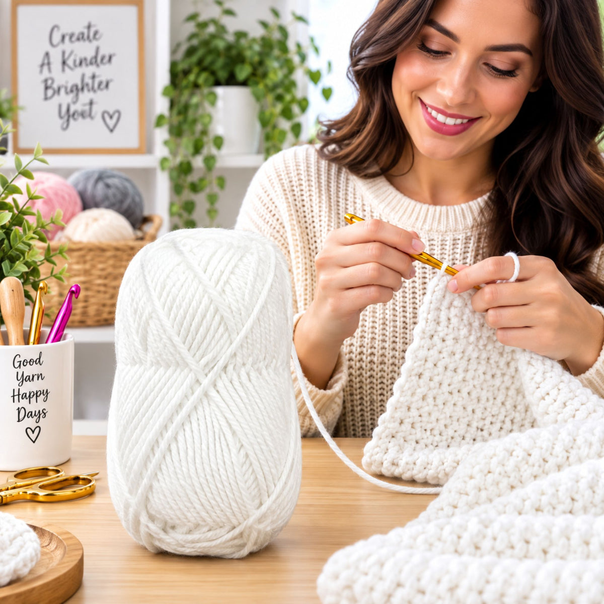 A smiling woman crochets a white knitted blanket at a wooden table, with a large ball of white yarn prominently displayed in the foreground. The scene includes a white mug that reads 'Good Yarn Happy Days,' gold crochet hooks, and a bright, cozy craft room background with plants and shelves.