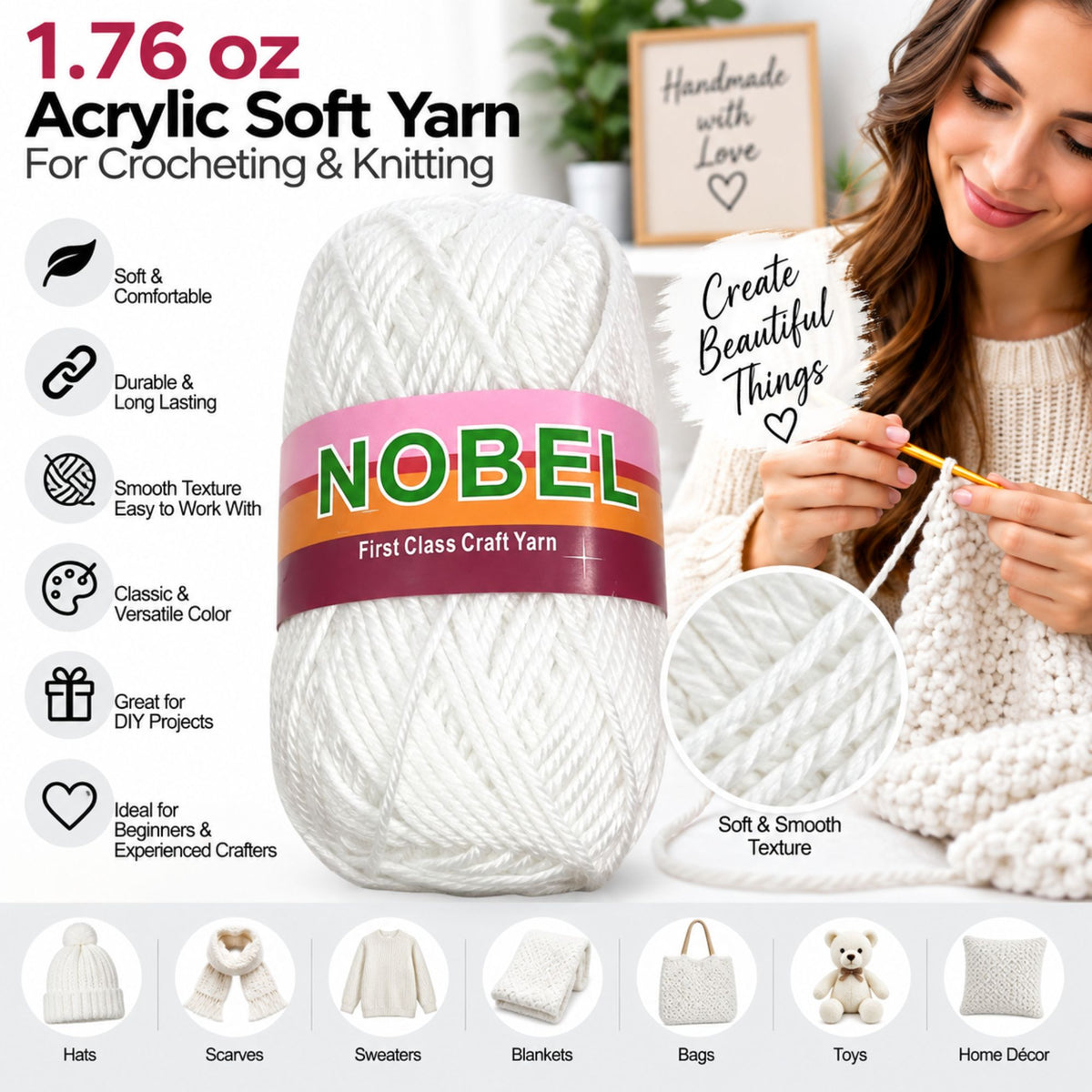 A promotional product image for a 1.76 oz skein of NOBEL brand white acrylic soft yarn.