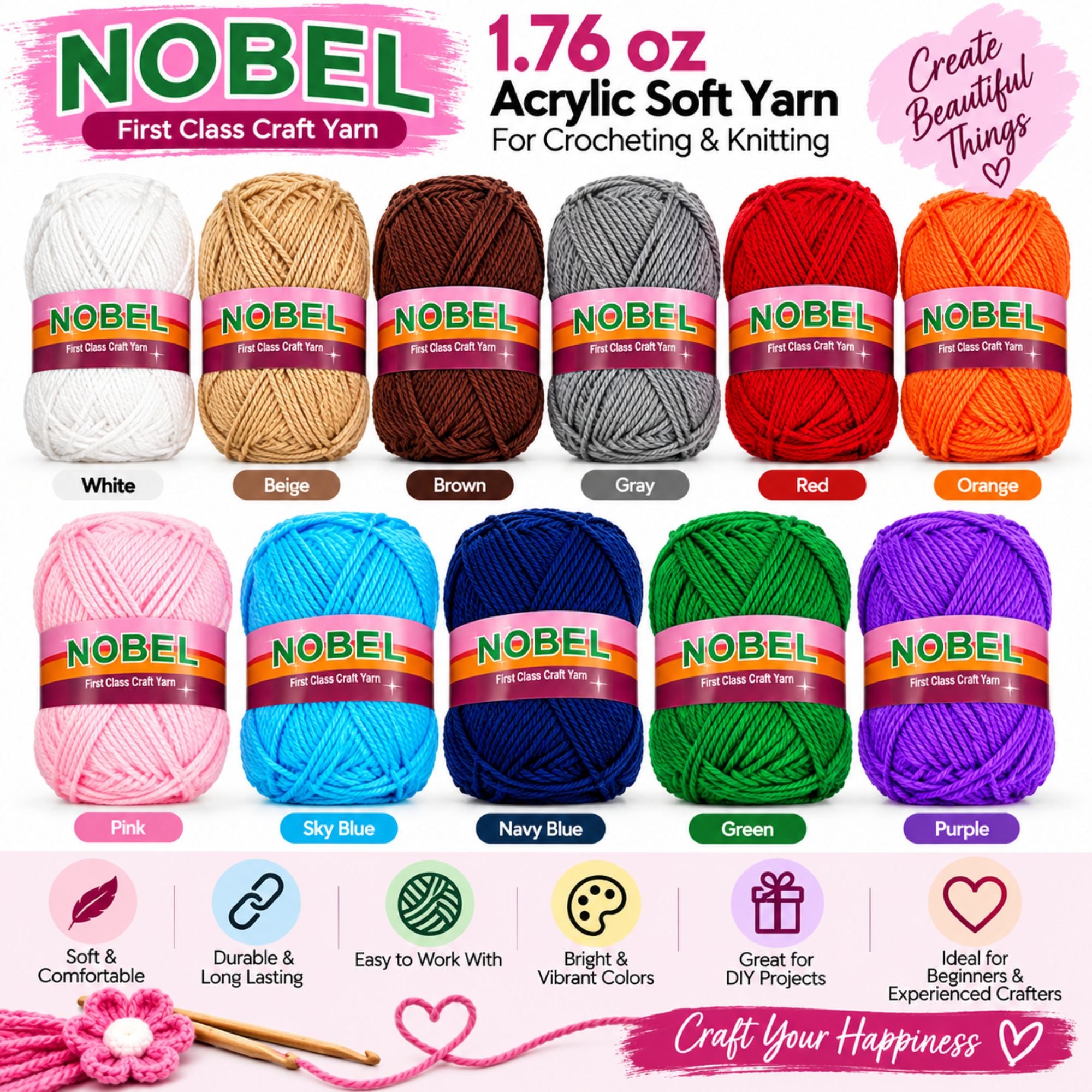A promotional product graphic for NOBEL acrylic soft yarn showing multiple skeins of yarn in different colors arranged in two rows, with text reading '1.76 oz Acrylic Soft Yarn' and 'For Crocheting & Knitting.