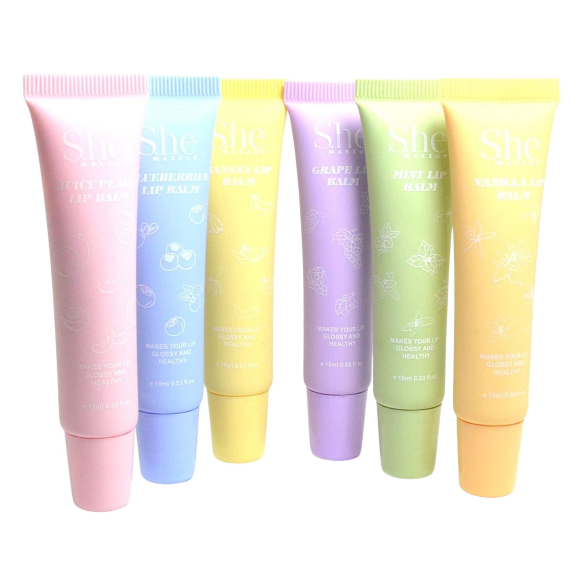 Set of five pastel-colored lip balms with visible branding on a white background