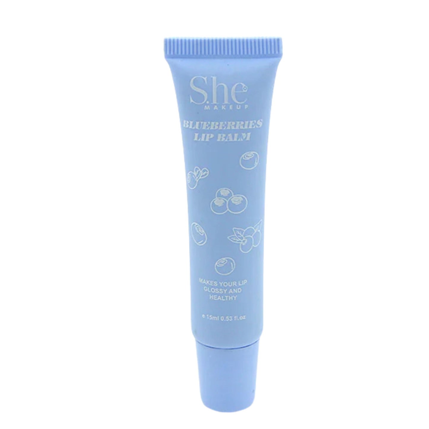 Blue lip balm tube with 'She Makeup' branding on a white background