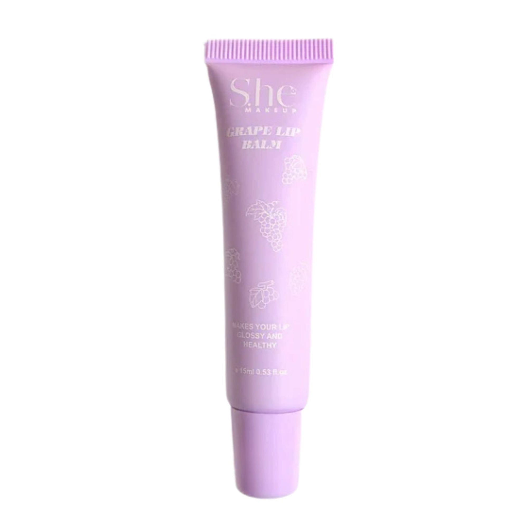 Purple lip balm tube with visible brand name on a white background