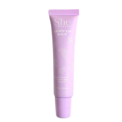 Purple lip balm tube with visible brand name on a white background