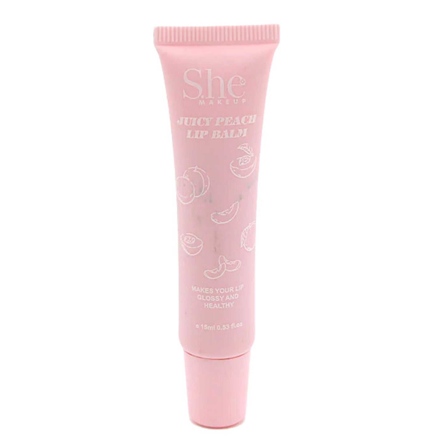 Pink lip balm tube with 'She' branding on a white background