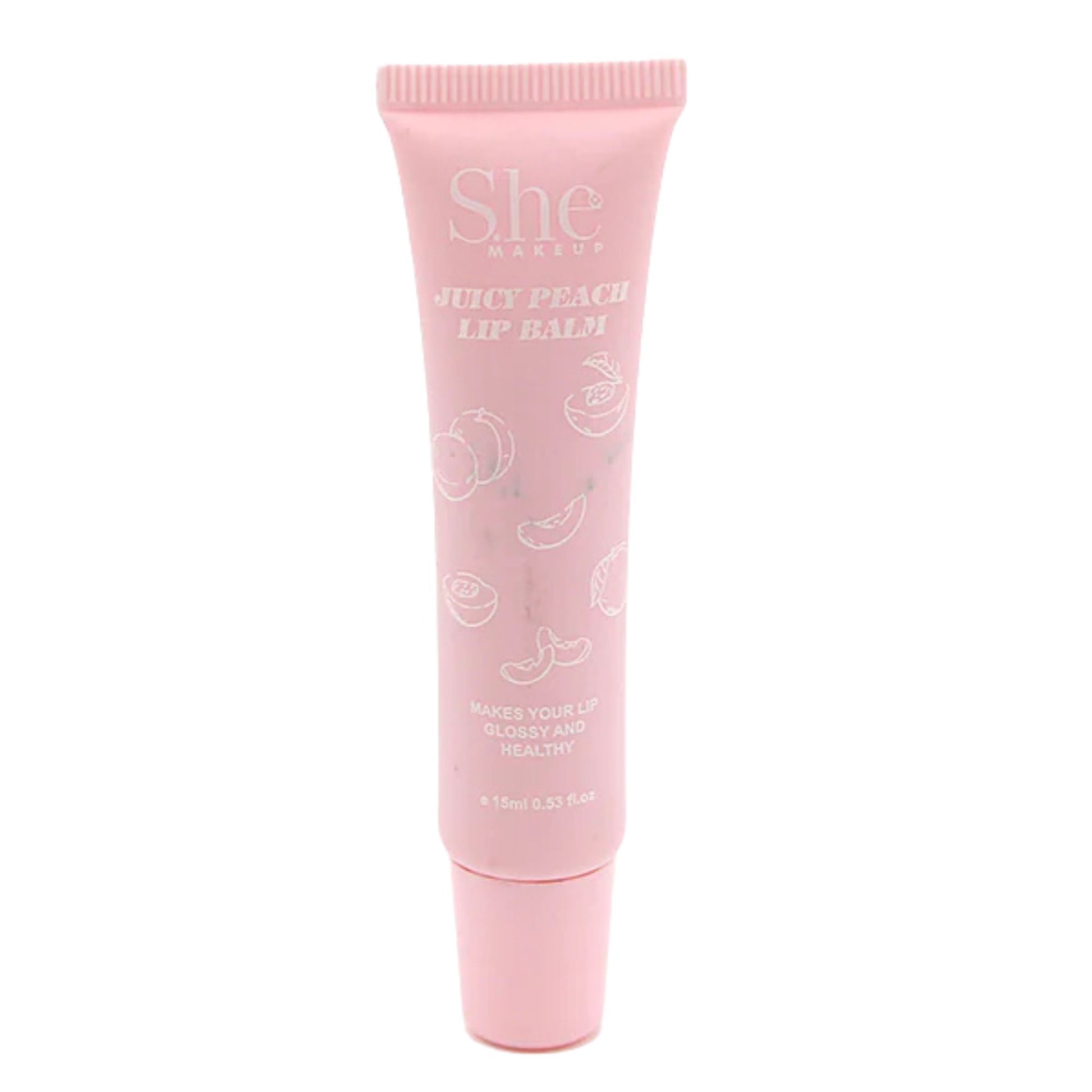 Pink lip balm tube with 'She' branding on a white background