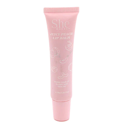 Pink lip balm tube with 'She' branding on a white background