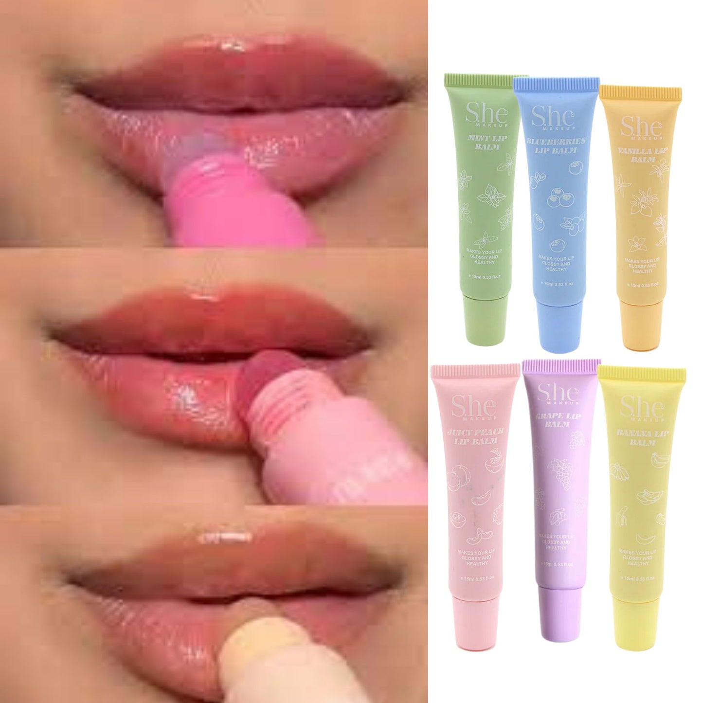 Collage of lip balm application and colorful lip balms with 'She' branding.