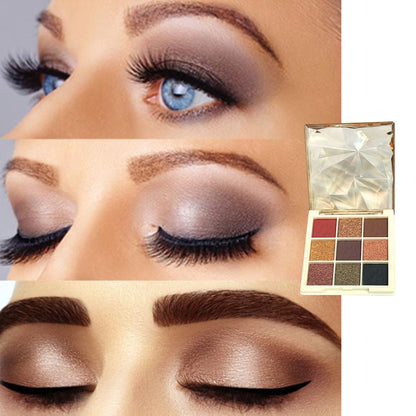 Makeup palette with eyeshadow shades and close-up of eye makeup application.