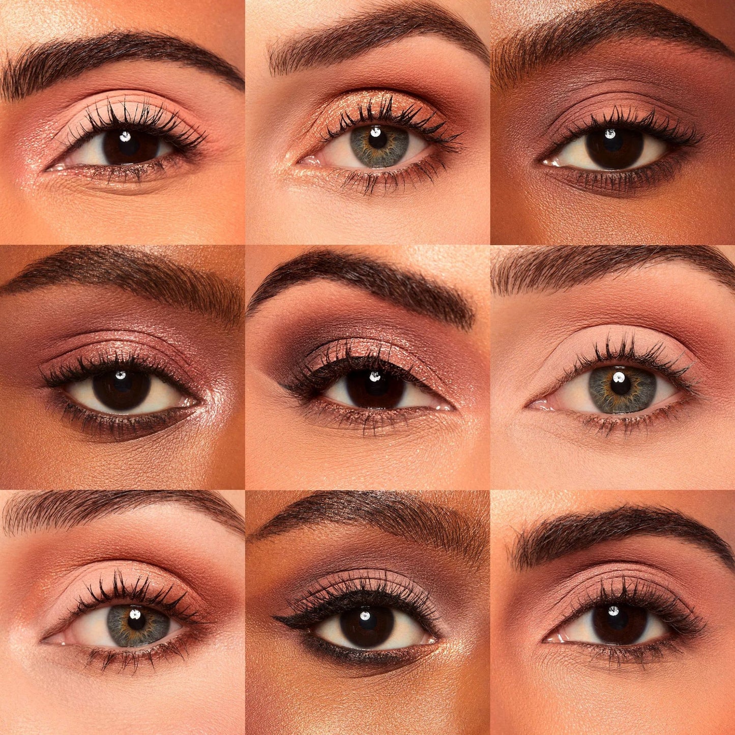 Grid of close-up images of eyes with different makeup looks on a neutral background
