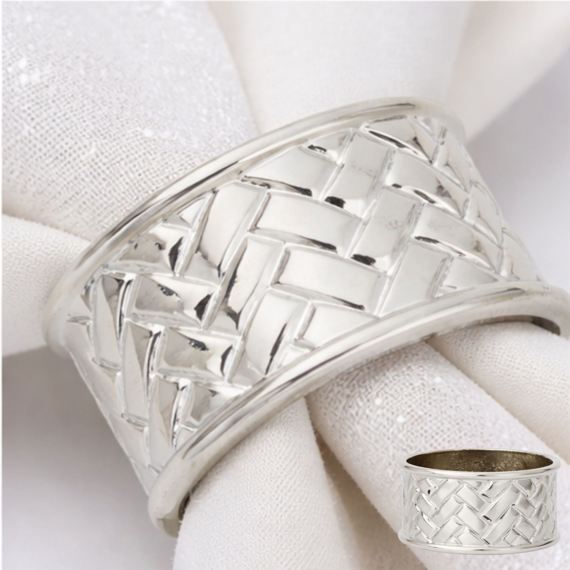 Cardiff Silver Napkin Ring – Elegant Woven Metal Table Holder: 1 Ring Napkin Rings size and feature image