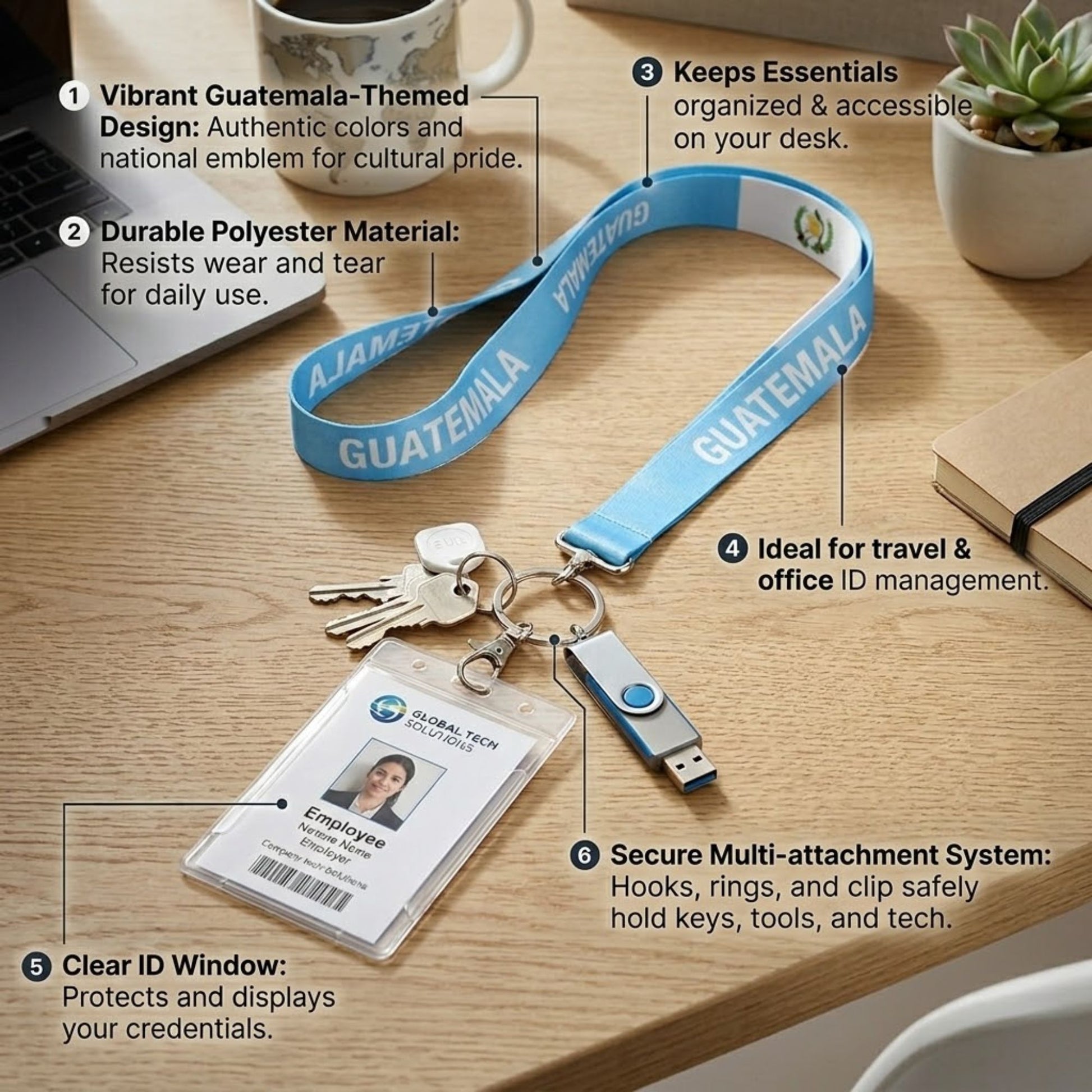 National Guatemala Flag Lanyard  Sturdy 18" Neck Strap