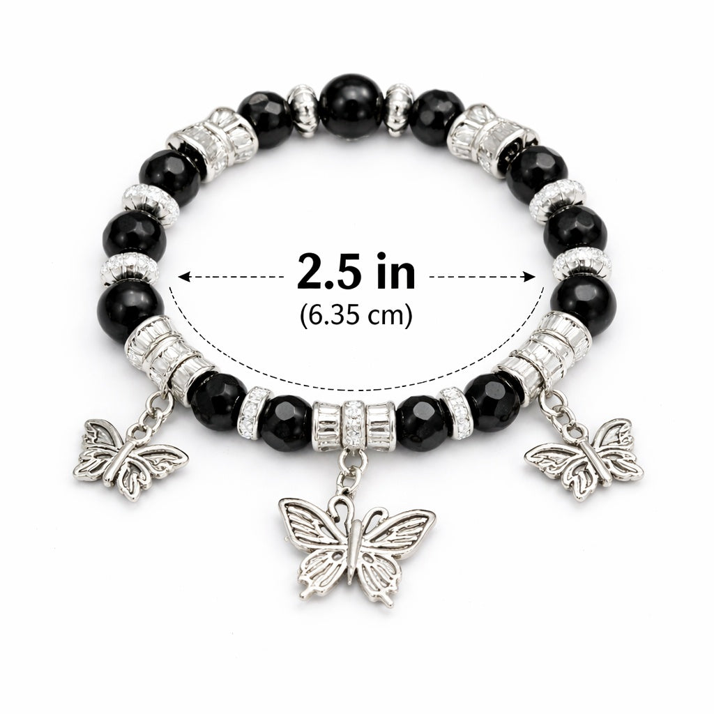 Black beaded bracelet with butterfly charms and size measurement on a white background