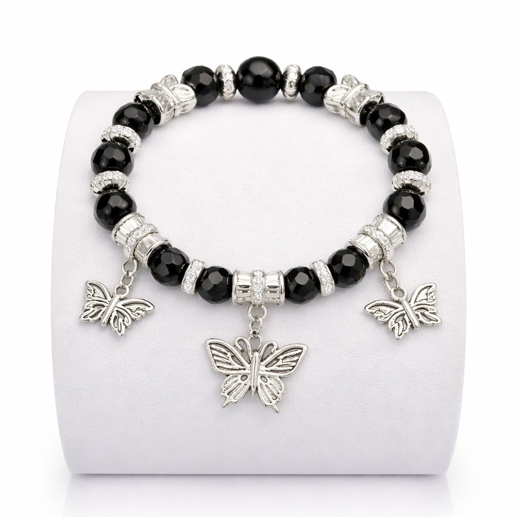Crystal Beaded Bracelet Butterfly Charm Black Bracelets size and feature image