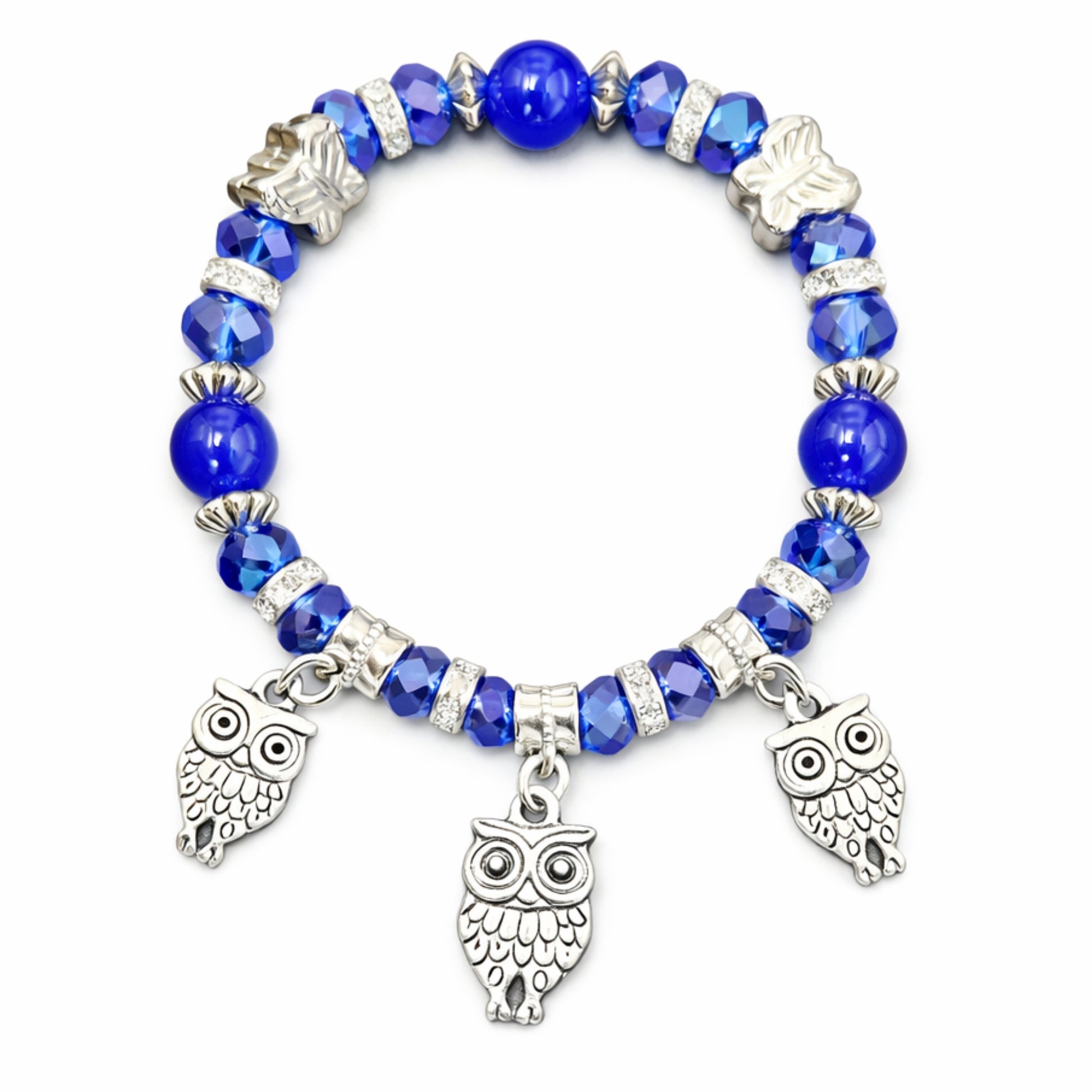 Blue beaded bracelet with owl charms on a white background