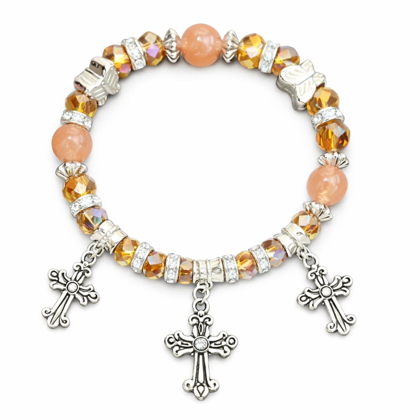 Bracelet with orange beads, silver charms, and butterfly accents on a white background