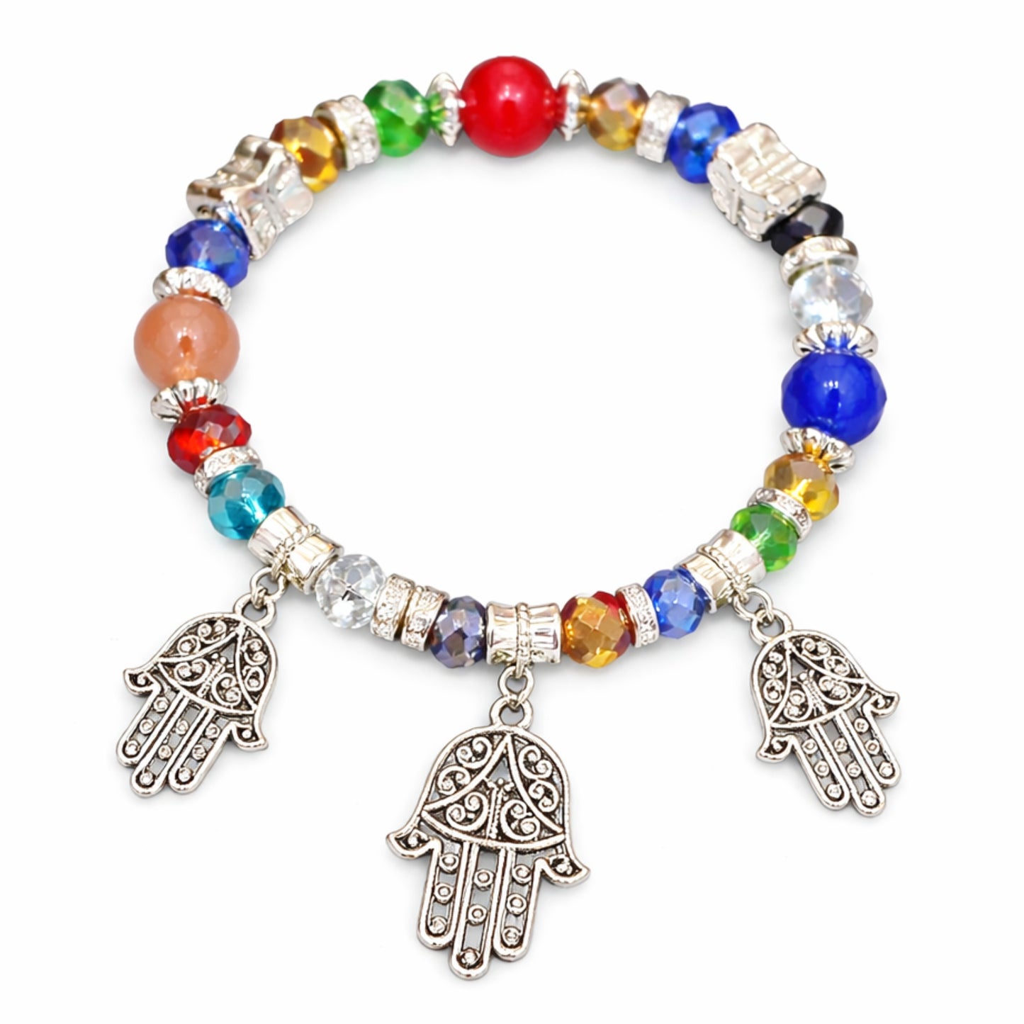 Colorful beaded bracelet with Hamsa charms on a white background