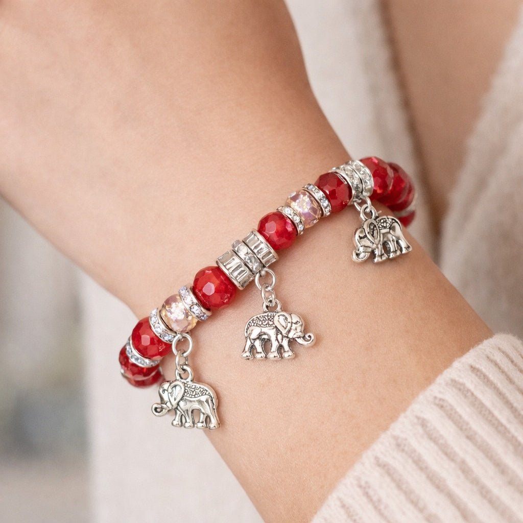 Crystal Beaded Bracelet Elephant Charm Red Bracelets lifestyle use image