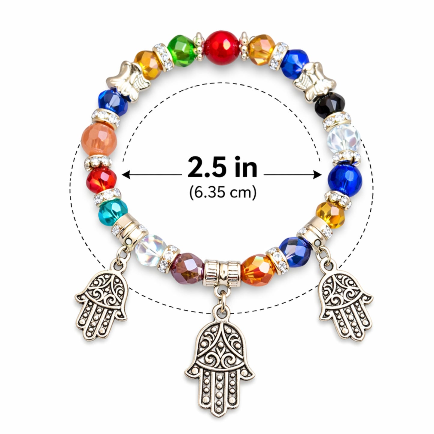 Colorful beaded bracelet with Hamsa charms and size measurement on a white background