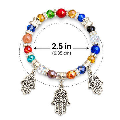 Colorful beaded bracelet with Hamsa charms and size measurement on a white background