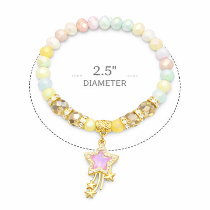 Multicolored beaded bracelet with a star charm on a white background
