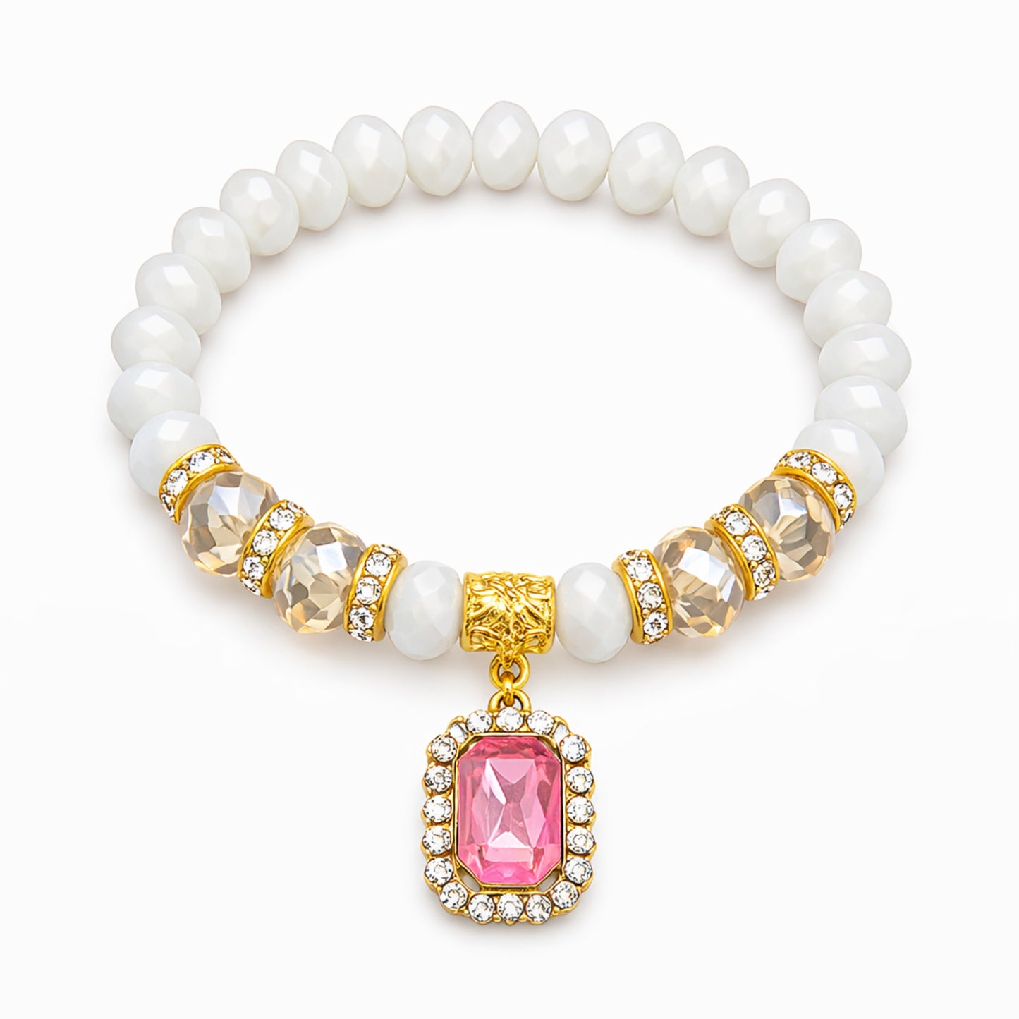 Pearl bracelet with gold and pink gemstone charm on a white background
