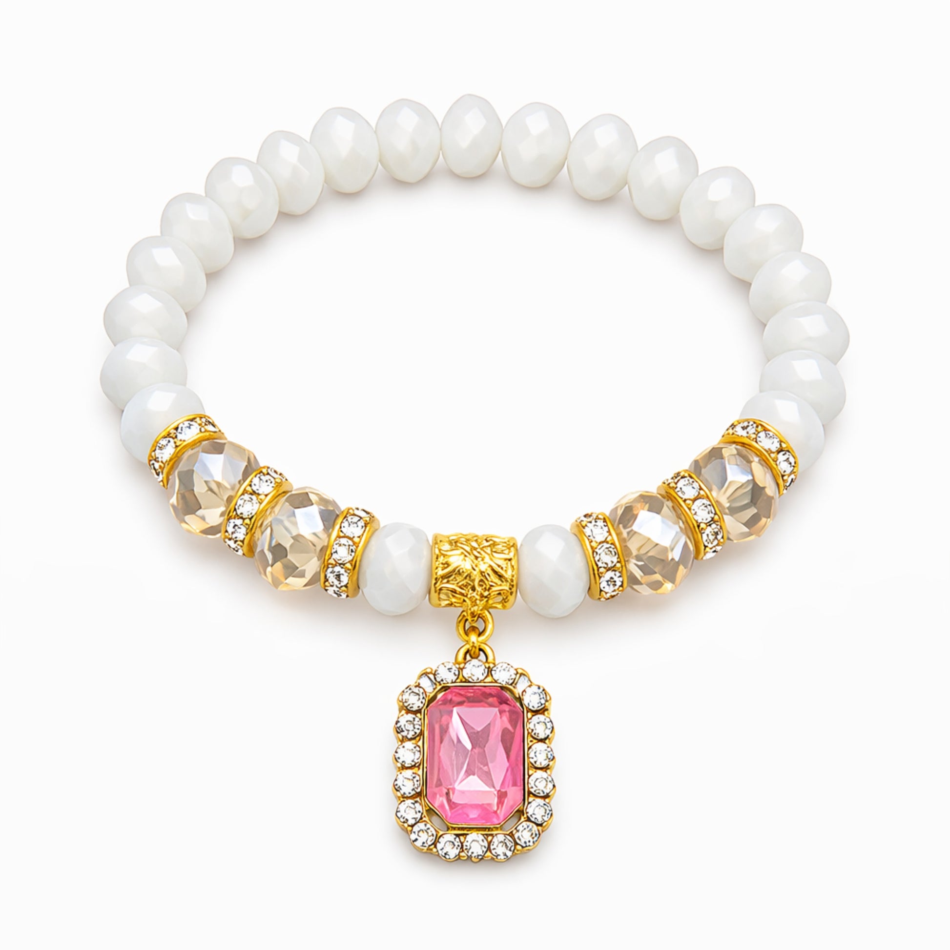 Pearl bracelet with gold and pink gemstone charm on a white background