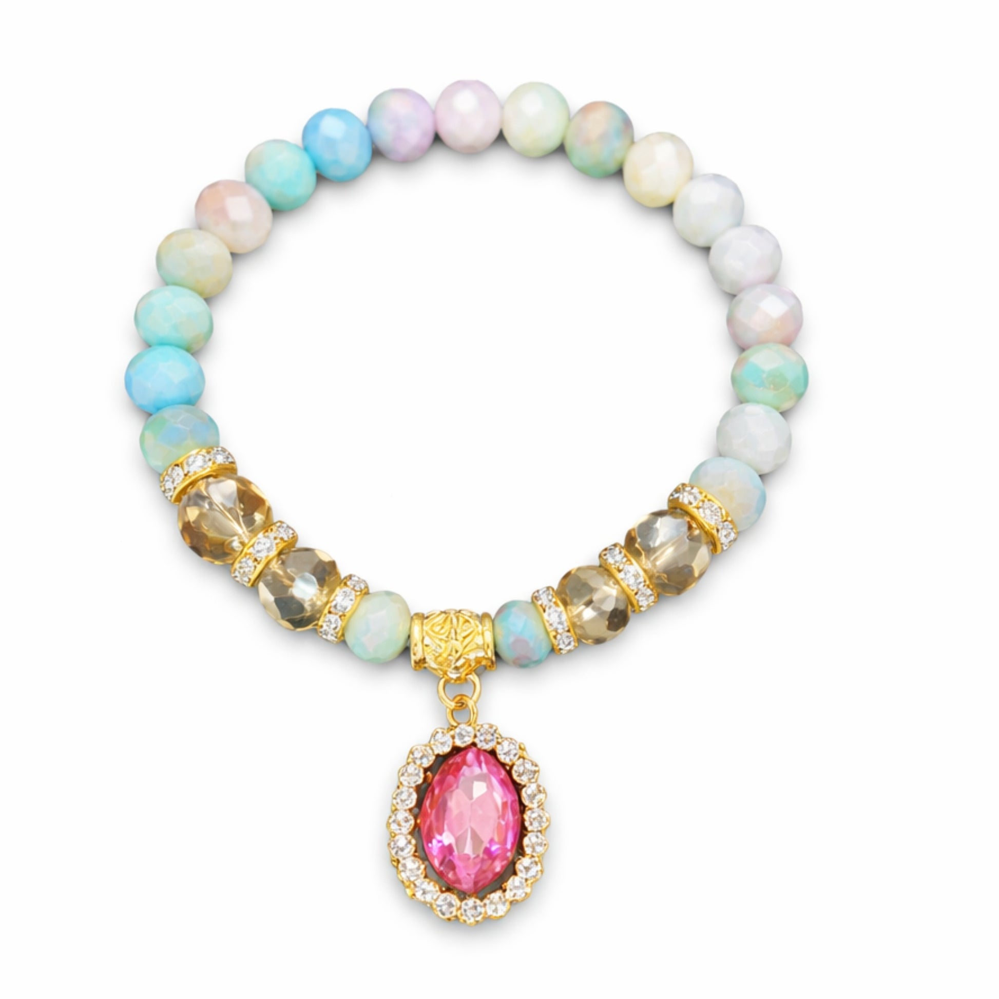 Multicolored beaded bracelet with a pink teardrop charm on a white background