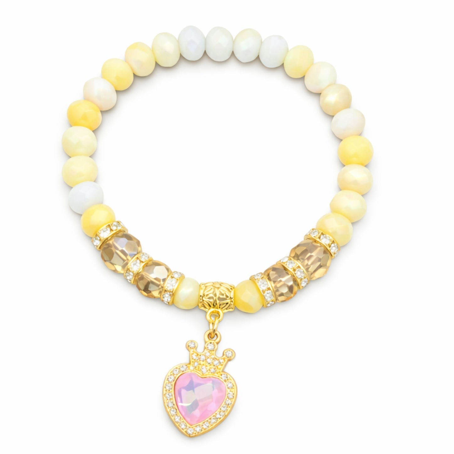 Bracelet with pastel beads and a heart-shaped charm on a white background