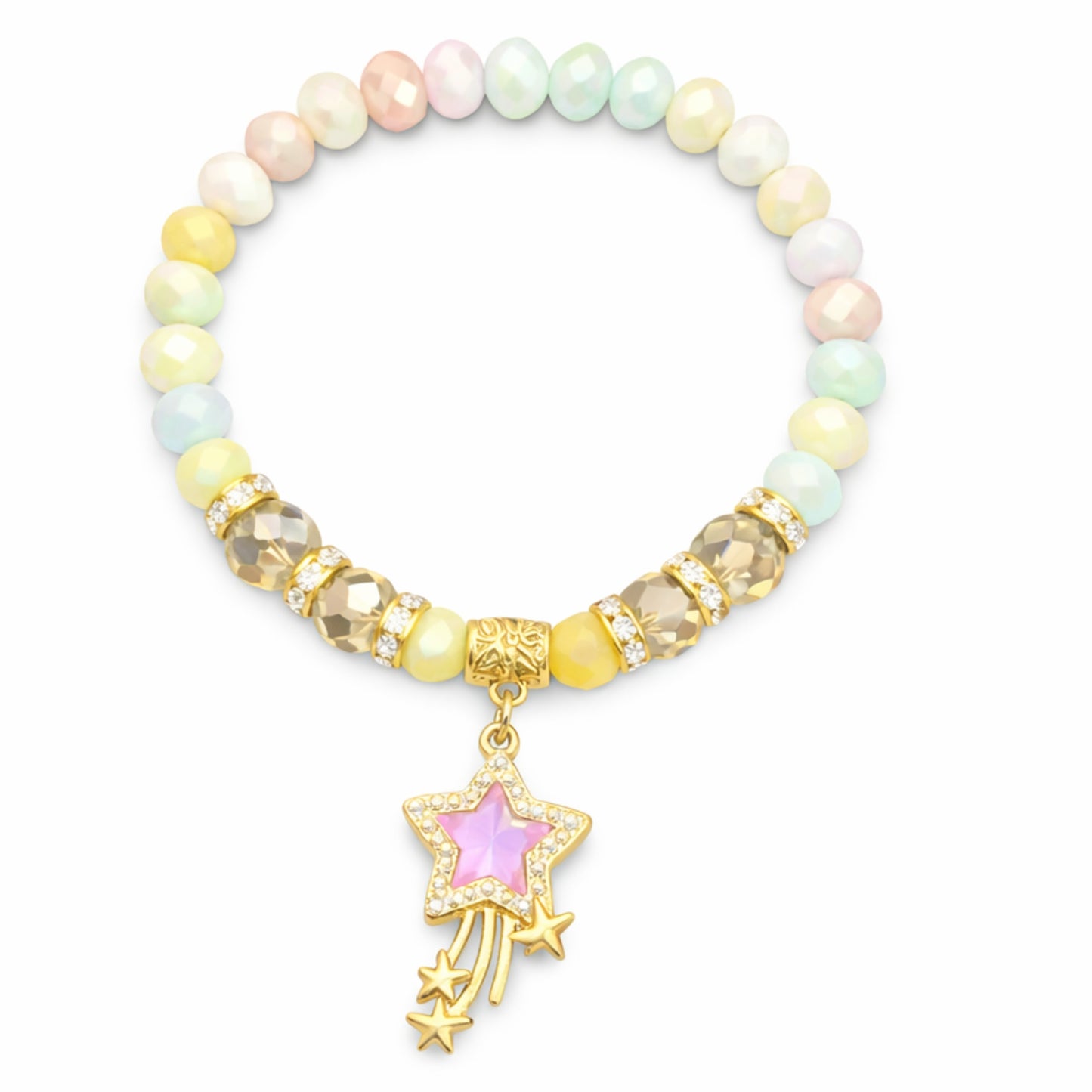 Pastel beaded bracelet with a star charm on a white background