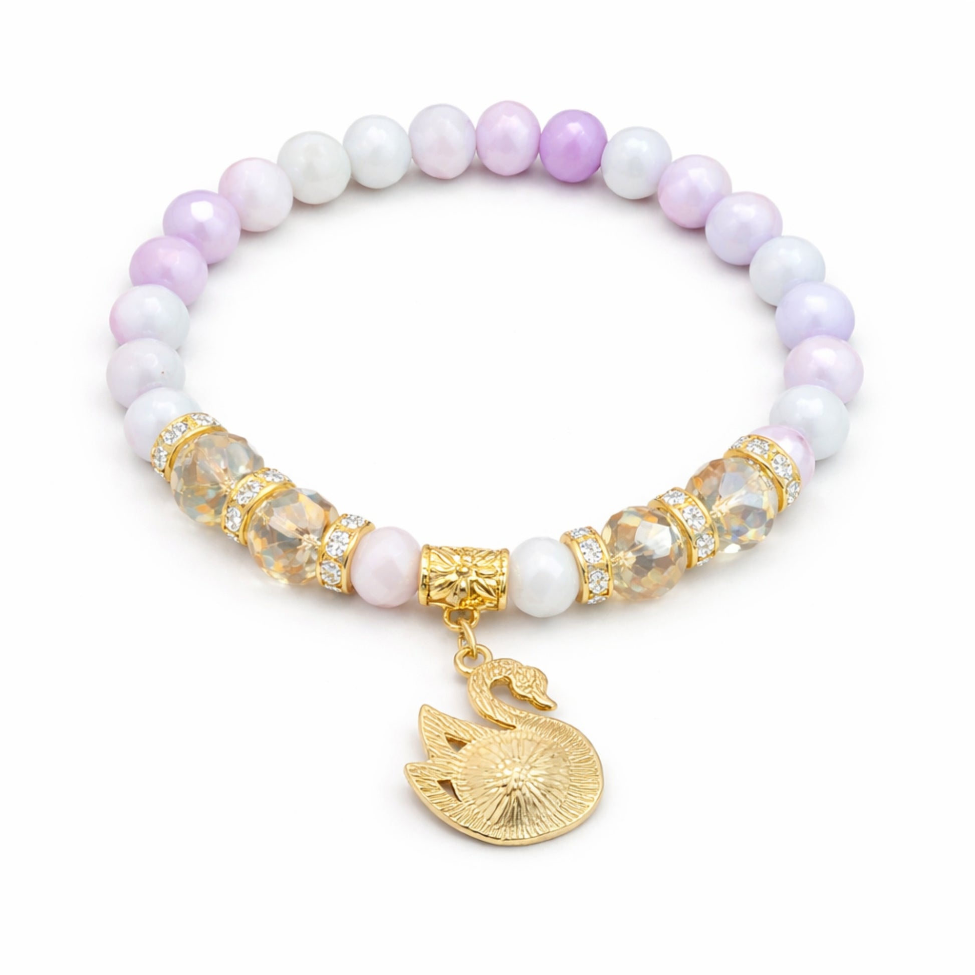 Bracelet with purple and white beads and a gold swan charm on a white background