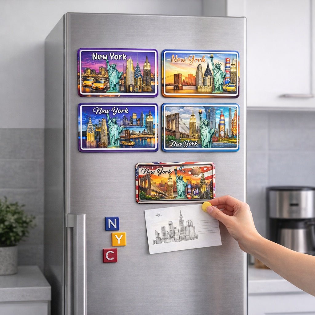 Fridge with New York-themed magnets and a hand holding a magnet.