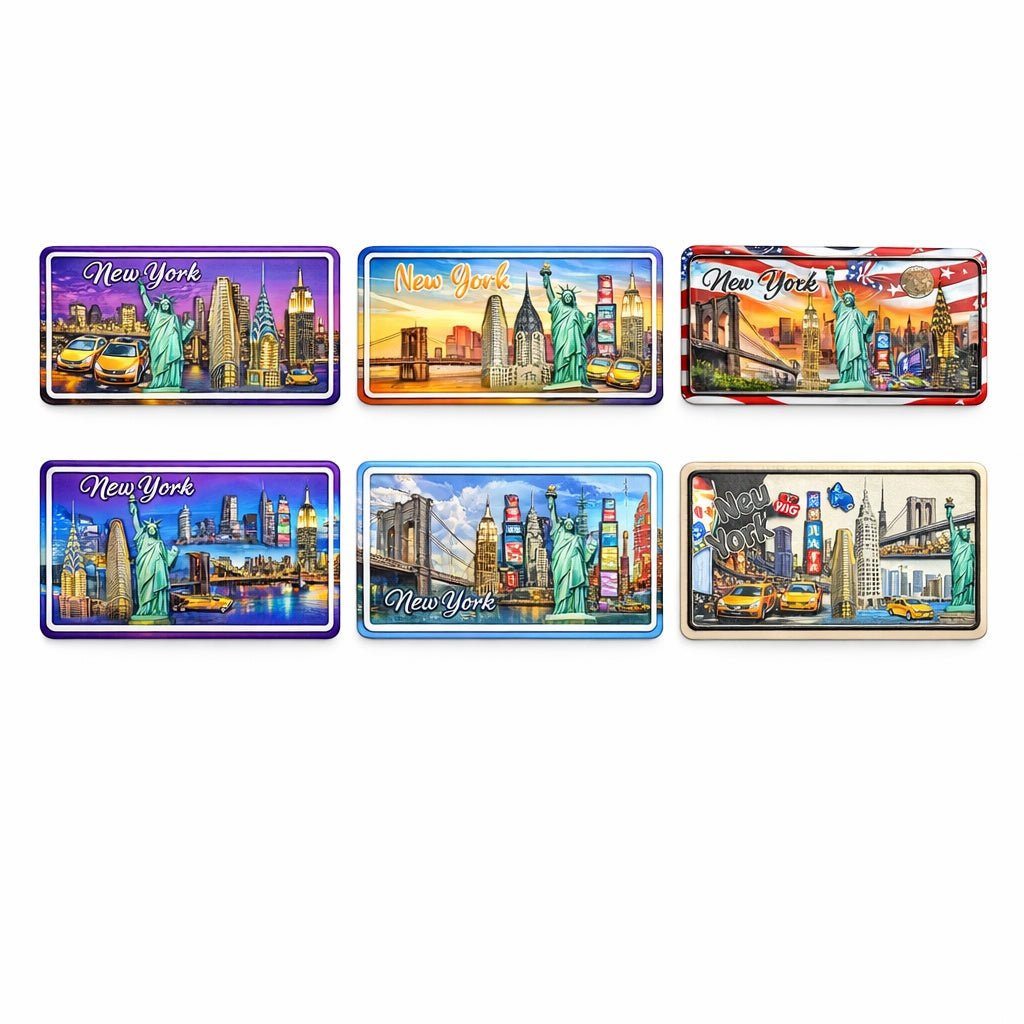 Set of New York-themed magnets with various cityscapes on a white background