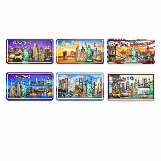 Set of New York-themed magnets with various cityscapes on a white background
