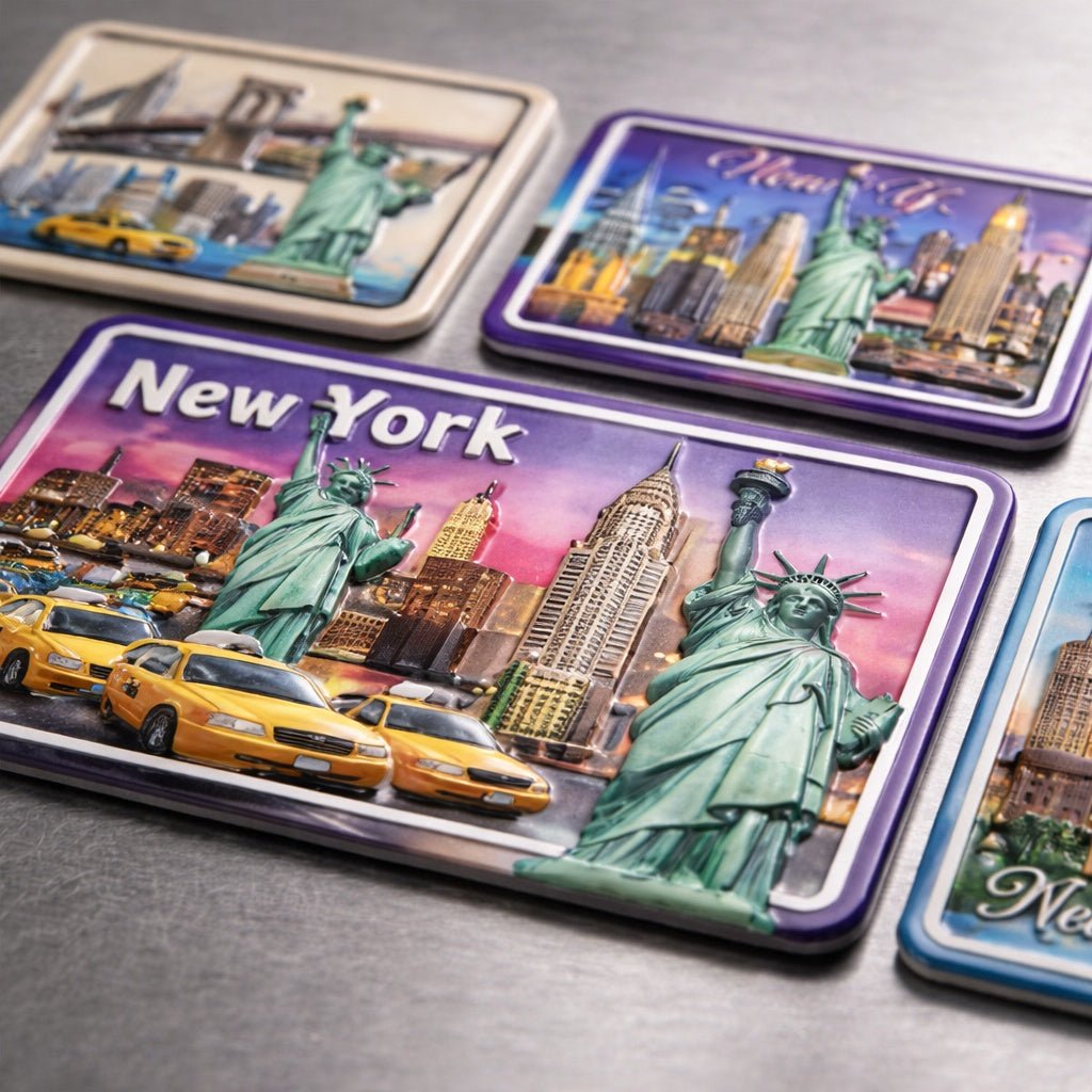 Set of New York-themed coasters with iconic images on a gray surface