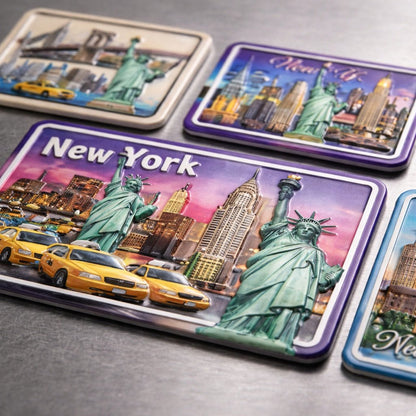 Set of New York-themed coasters with iconic images on a gray surface