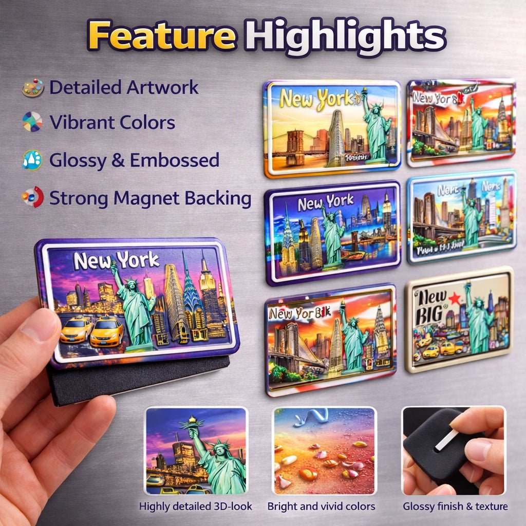 New York-themed magnets with detailed artwork, vibrant colors, and strong magnet backing on a gray background.