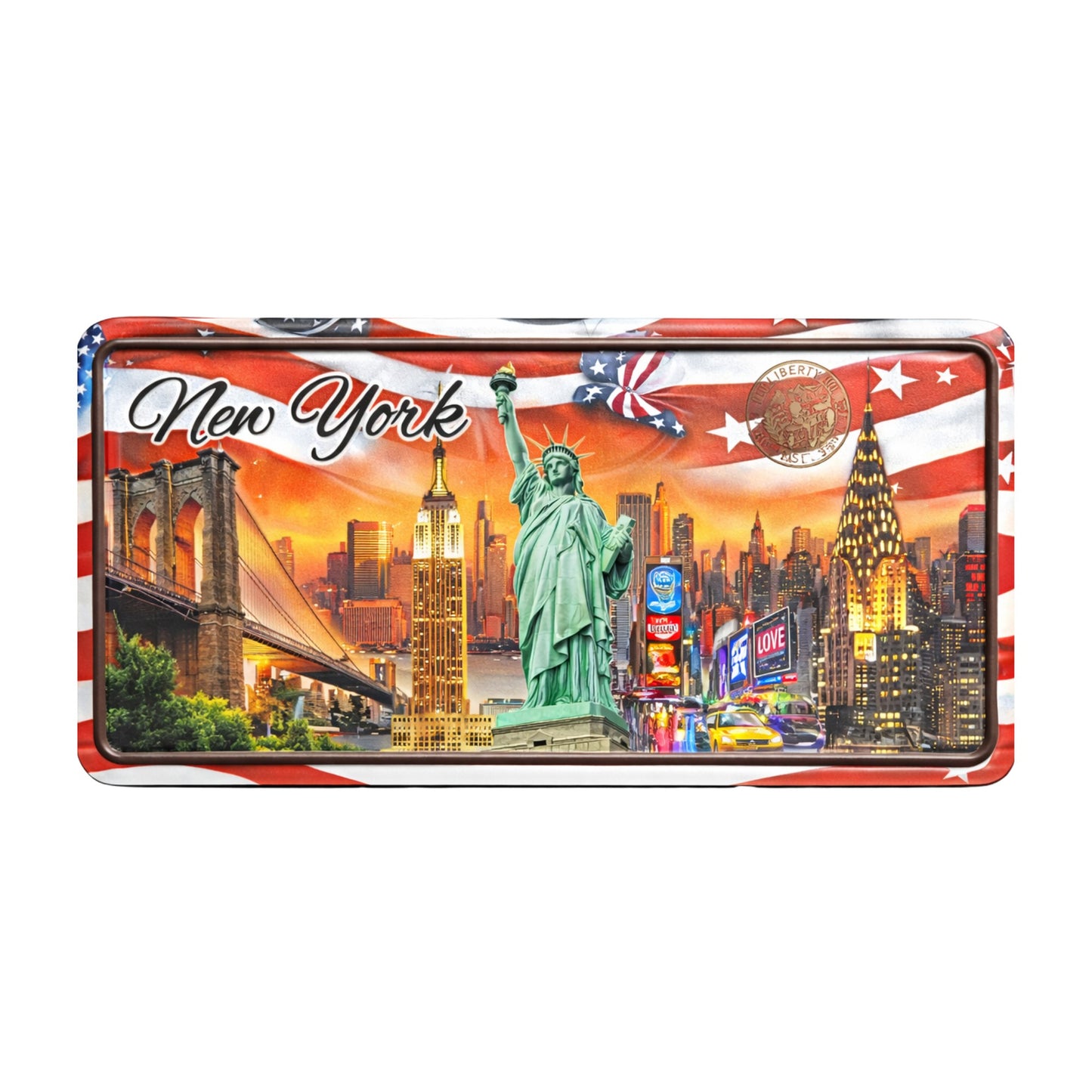 Pencil case with New York City design featuring the Statue of Liberty and skyline.