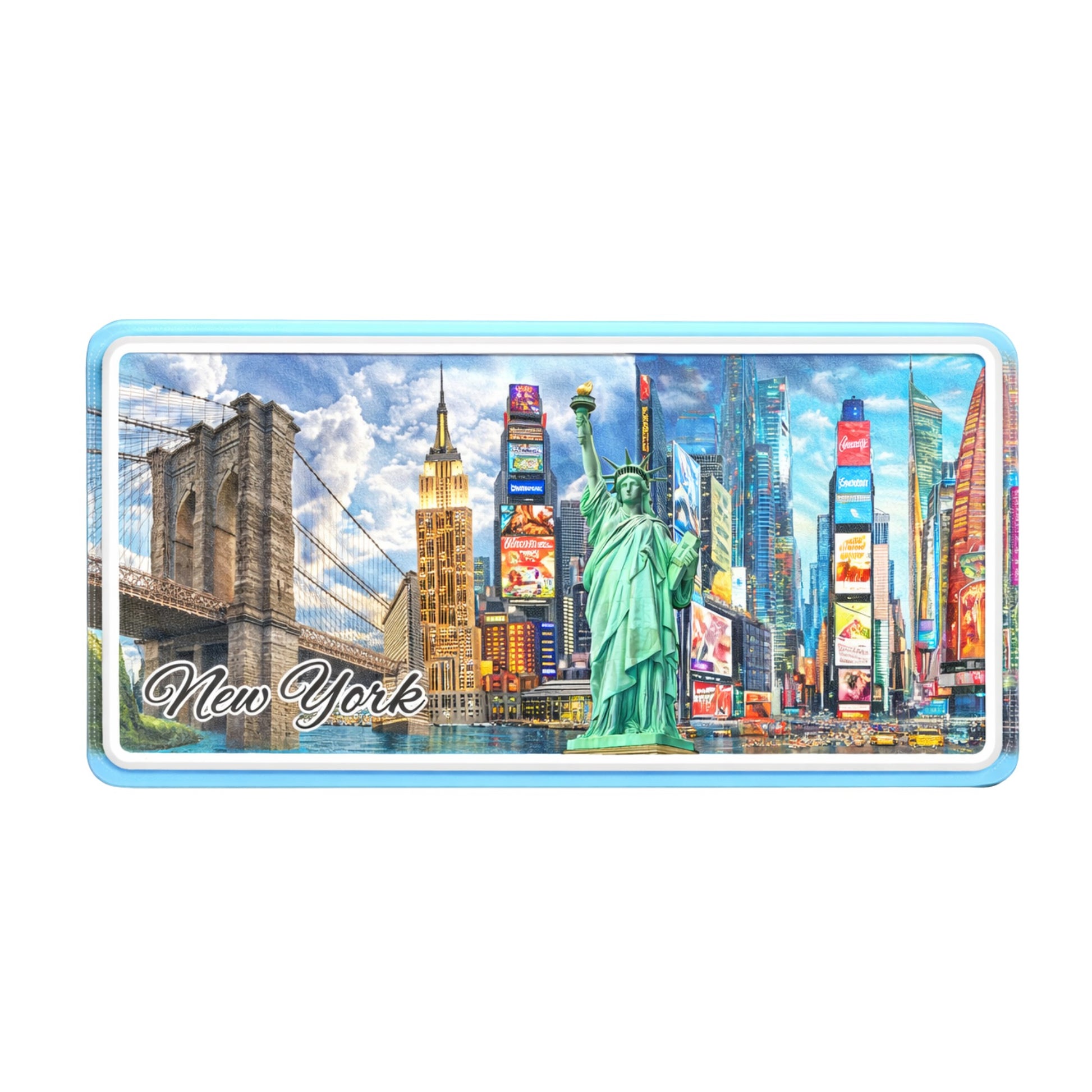 Phone case with New York cityscape featuring the Statue of Liberty and Brooklyn Bridge.