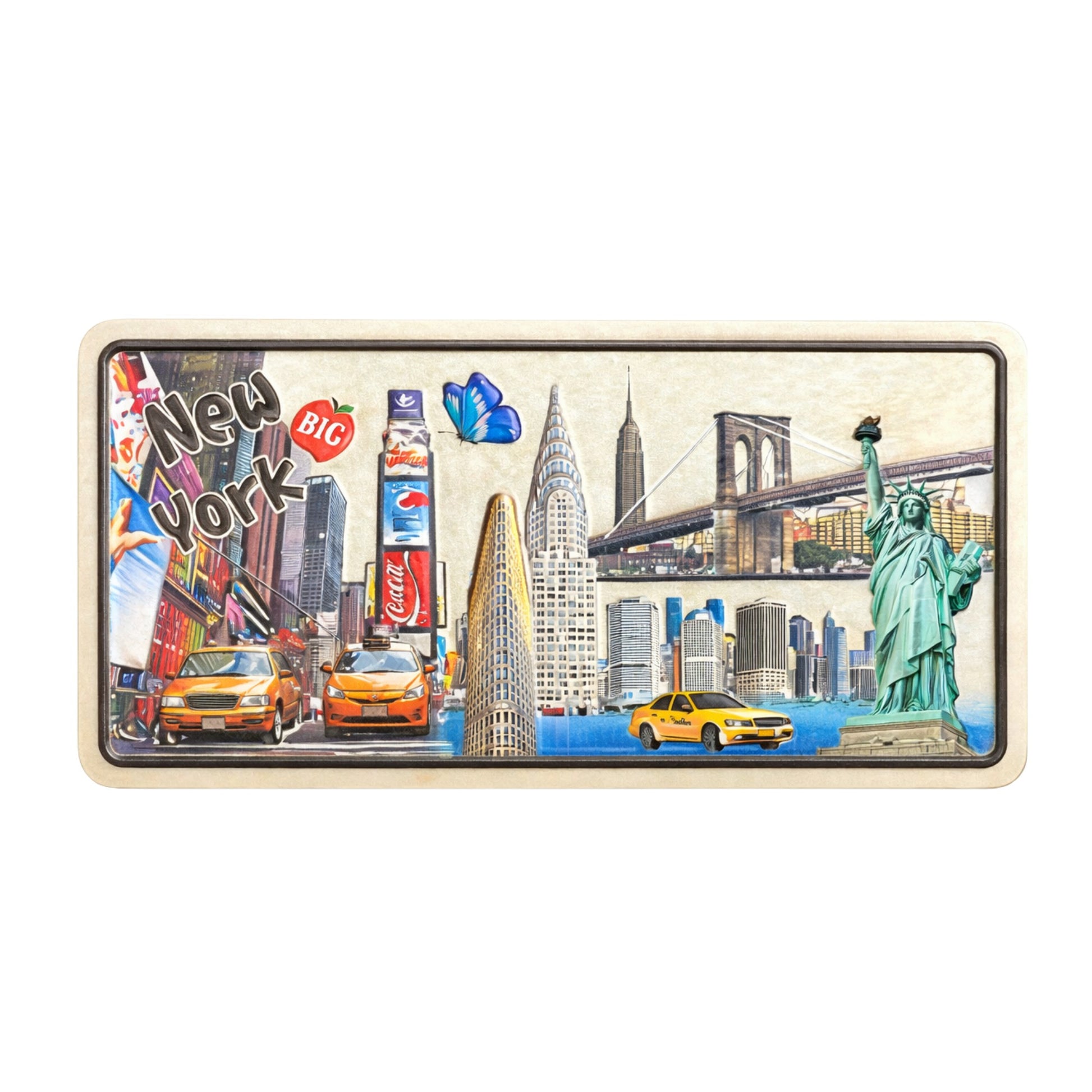 Fridge magnet with New York-themed design featuring iconic landmarks and symbols.