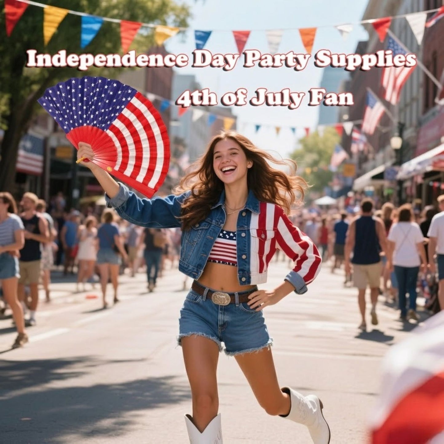 14" x 9" Patriotic American Flag Hand Folding Fan lifestyle use image