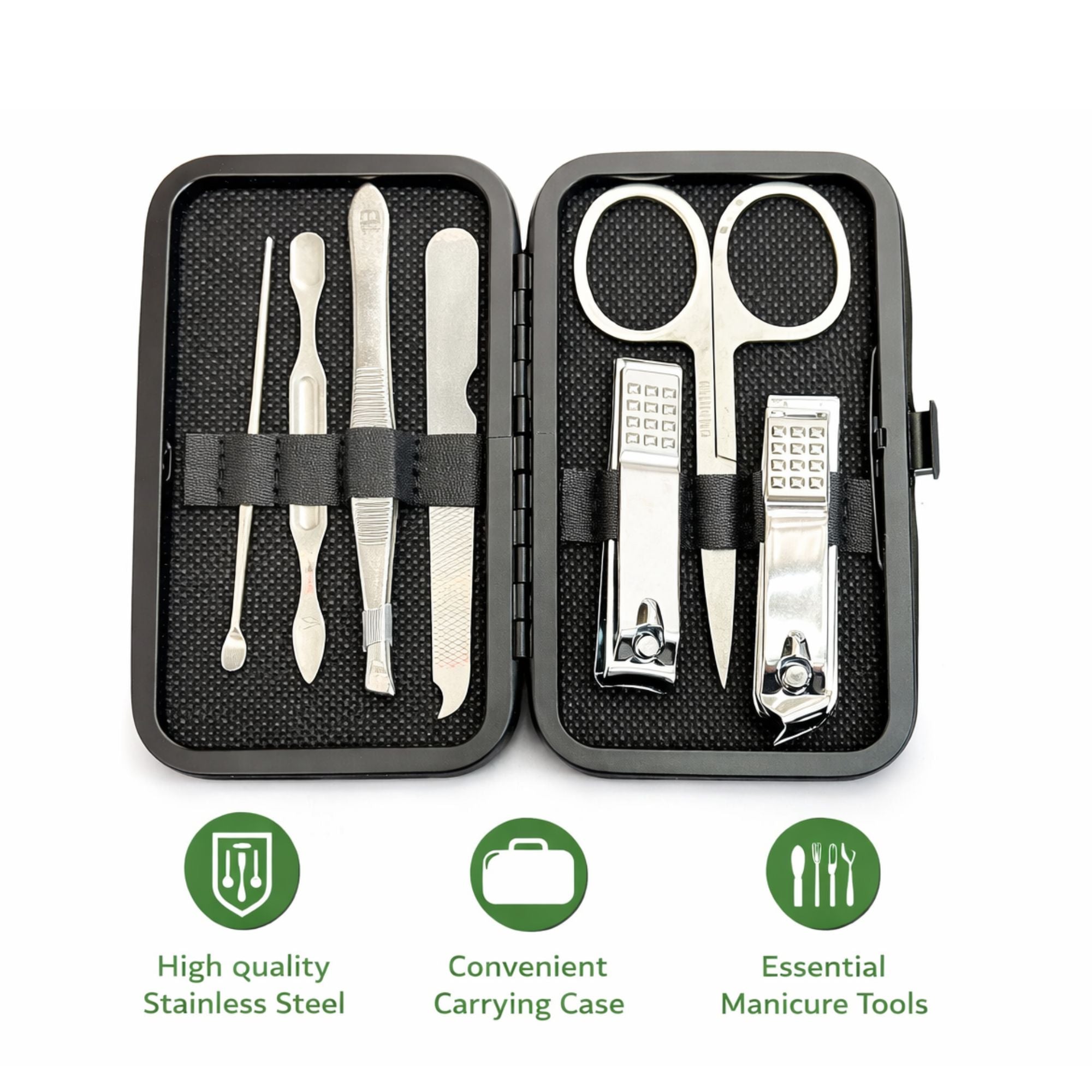 8 Pcs Compact Manicure Set with Case Nail Clippers, Scissor, Tweezers & Nail Tools Manicure Tool Sets Nails size and feature