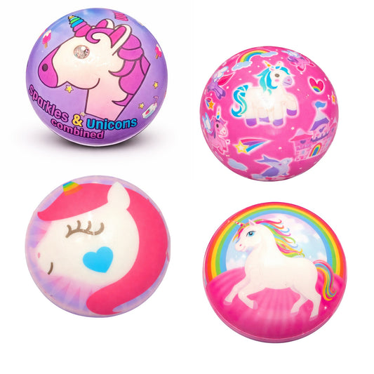 Four colorful unicorn-themed balls on a white background