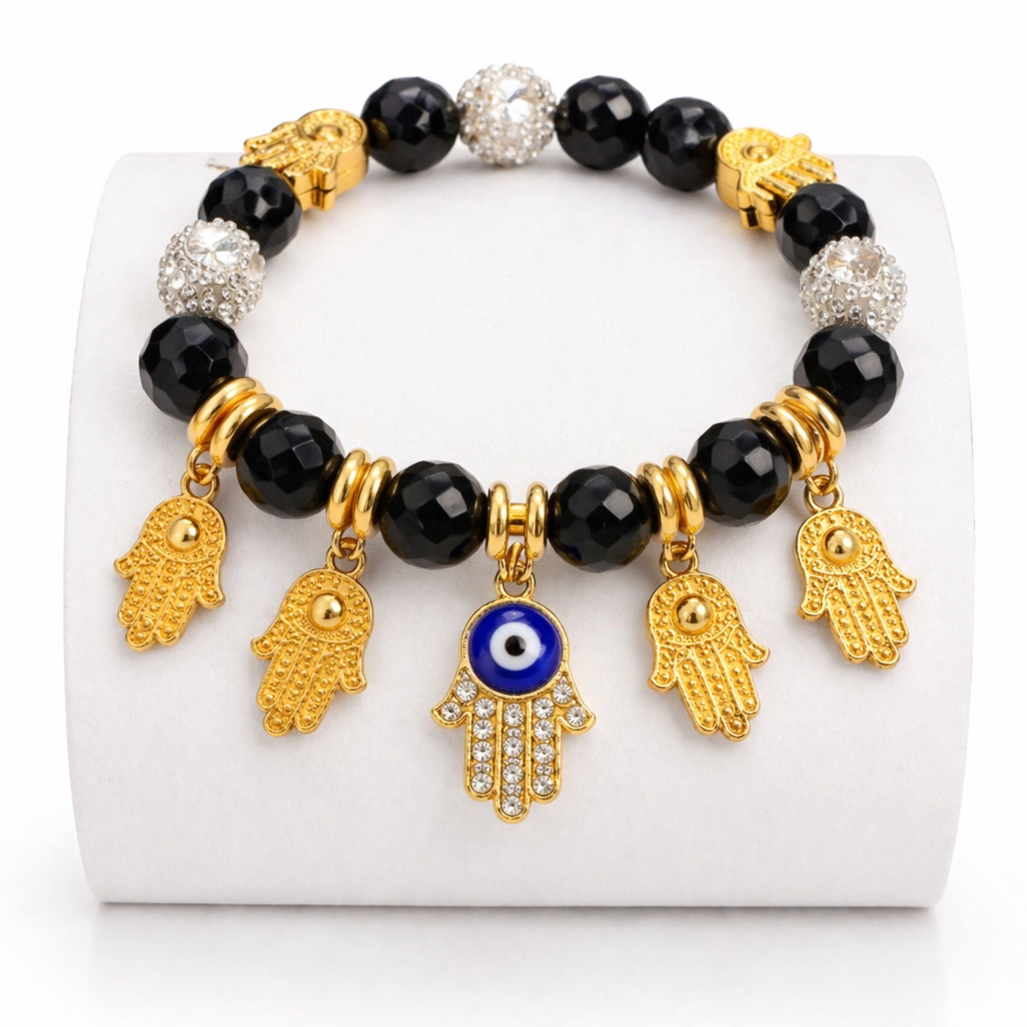Crystal Beaded Bracelet Hamsa Hand Evil Eye Charm Gold Tone product image 5