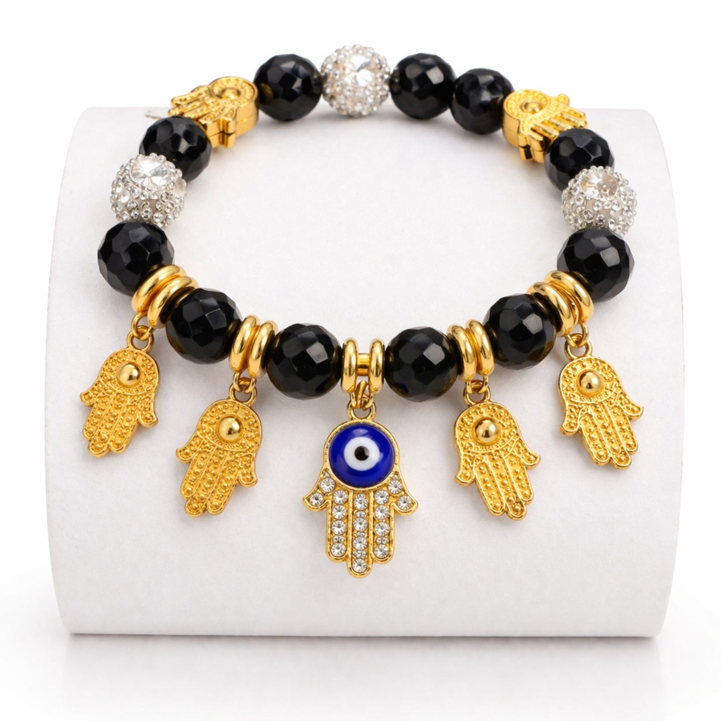 Crystal Beaded Bracelet Hamsa Hand Evil Eye Charm Gold Tone product image 5