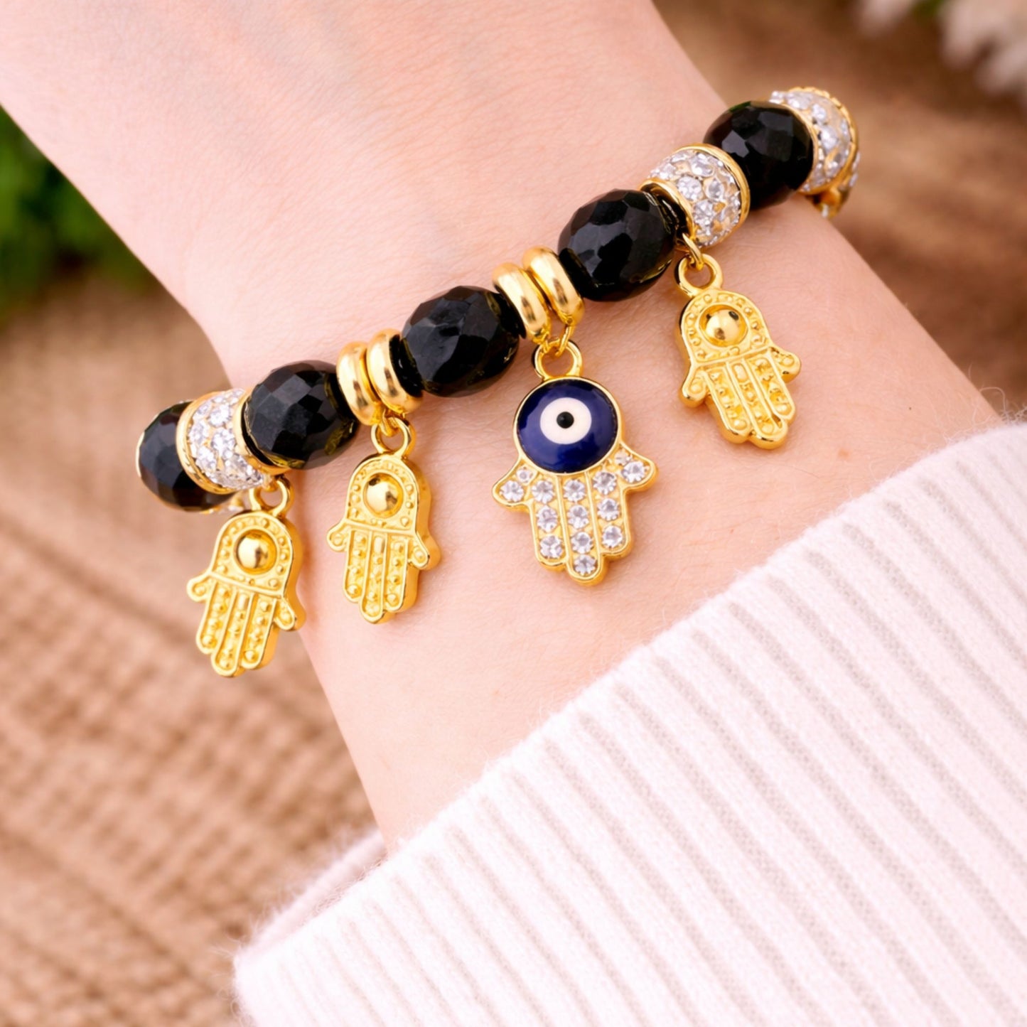 Crystal Beaded Bracelet Hamsa Hand Evil Eye Charm Gold Tone product image 6