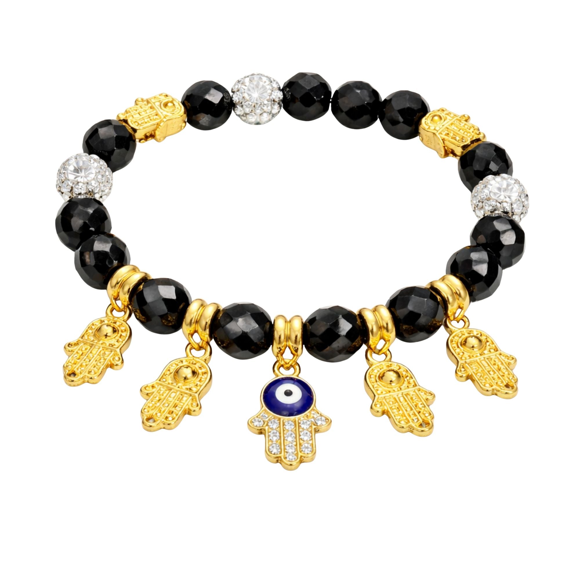 Crystal Beaded Bracelet Hamsa Hand Evil Eye Charm Gold Tone lifestyle use image