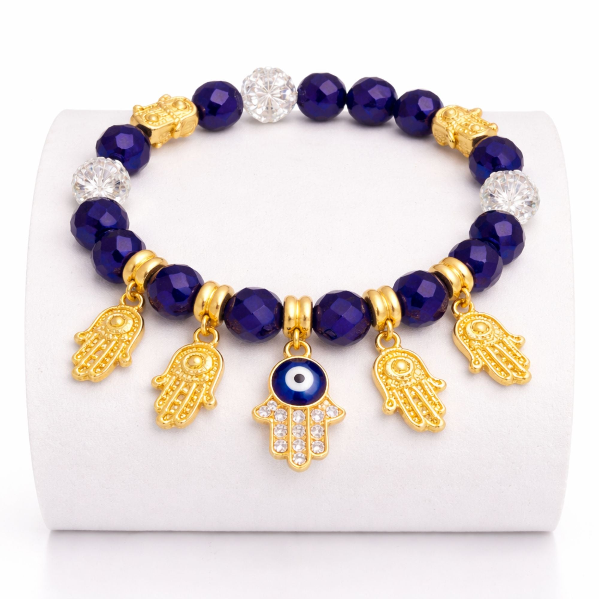 Crystal Beaded Bracelet Hamsa Hand Evil Eye Charm Gold Tone product image 8