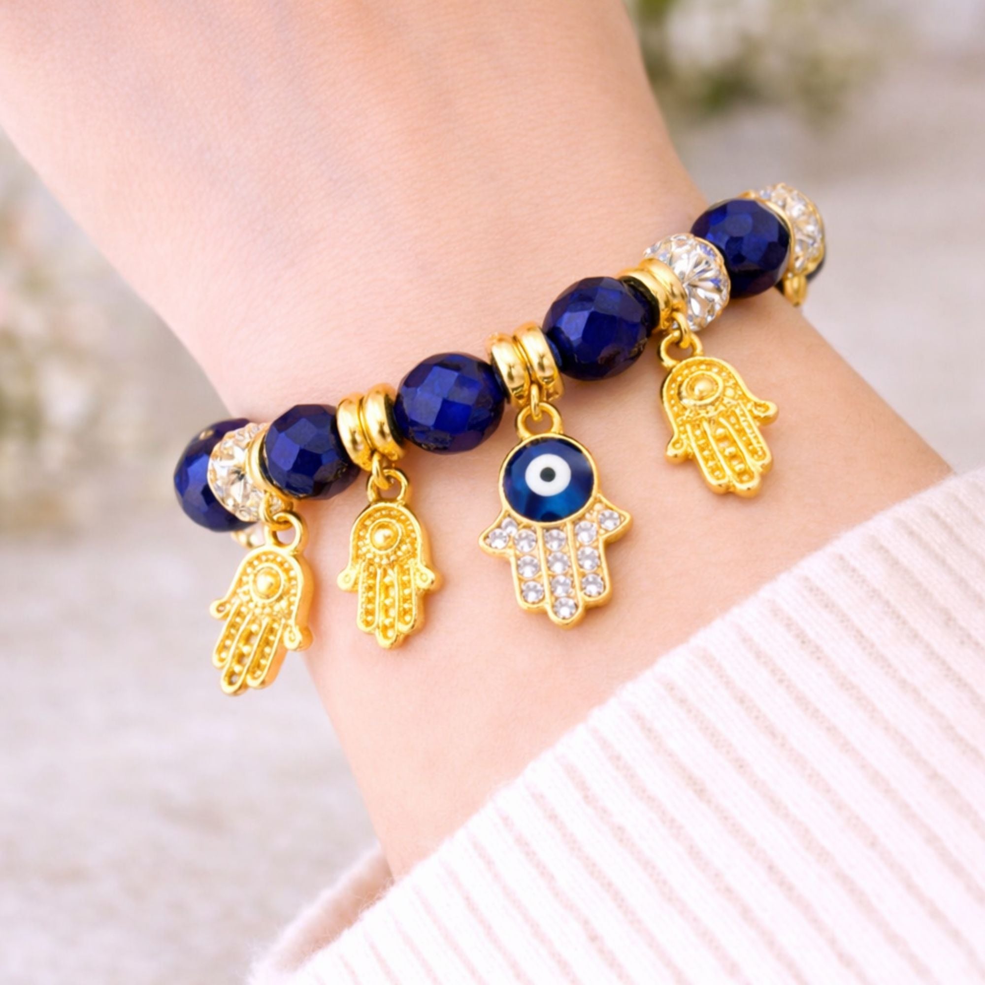 Crystal Beaded Bracelet Hamsa Hand Evil Eye Charm Gold Tone product image 9