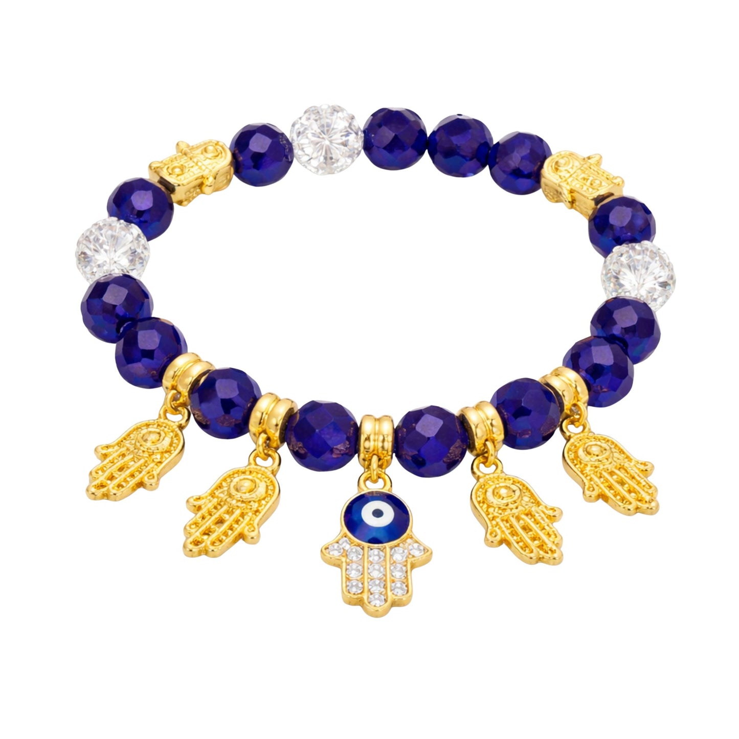 Crystal Beaded Bracelet Hamsa Hand Evil Eye Charm Gold Tone product image 7