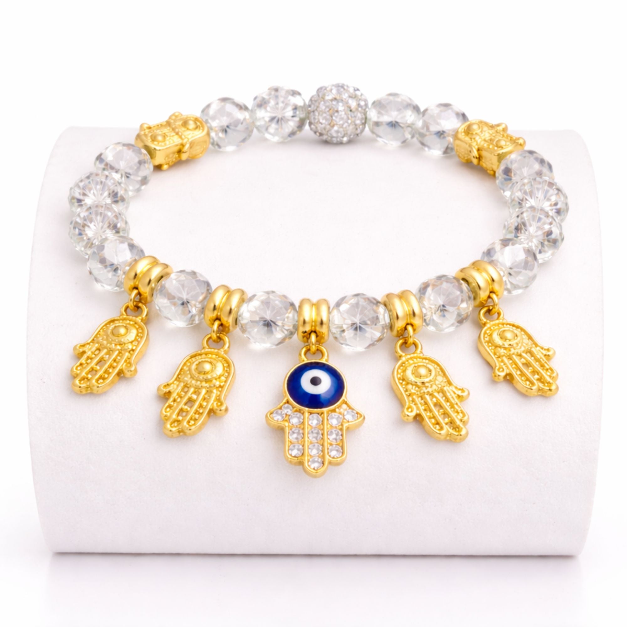 Crystal Beaded Bracelet Hamsa Hand Evil Eye Charm Gold Tone product image 11